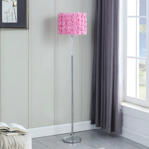 Roses In Bloom Pink Drum Shade Floor Lamp, 63 Inch Acrylic And Metal Modern Glam Piece With 80 Pink Roses in living room