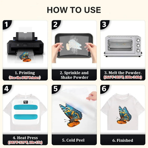 Step-by-step guide for using DTF Transfer Film A4 100 Sheets Double Sided Matte Premium DTF Paper For Dark Fabrics And Color T Shirts.