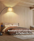 Arc Floor Lamp With Table And Marble Base, 81 Inch Tall, LED Dimmable With Remote And Four Color Temperature in a bedroom