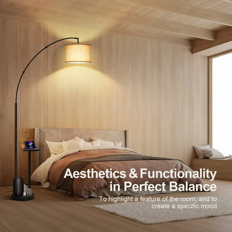 Arc Floor Lamp With Table And Marble Base, 81 Inch Tall, LED Dimmable With Remote And Four Color Temperature in a bedroom