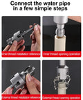Dual Function Pipe Thread Cutter For Internal And External Threads Drill Compatible PVC Threader Kit One Half Inch And Three Quarters Inch Rethreading Tool For DIYers And Pros Silvery Finish being used on a pipe with visible threading operation.