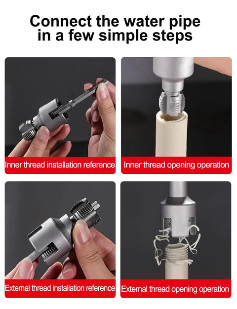 Dual Function Pipe Thread Cutter For Internal And External Threads Drill Compatible PVC Threader Kit One Half Inch And Three Quarters Inch Rethreading Tool For DIYers And Pros Silvery Finish being used on a pipe with visible threading operation.