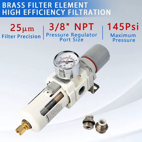 Beefy Three Eighth NPT Compressed Air Filter Regulator Combo With 5 Micron Brass Filter Semi Auto Drain Polycarbonate Bowl
