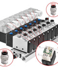 Industrial 6 Port 5/2 Way Pneumatic Solenoid Valve With 24V DC Coil, PT1/4 Inch Ports, 6mm Inlet Outlet, detailed fittings view