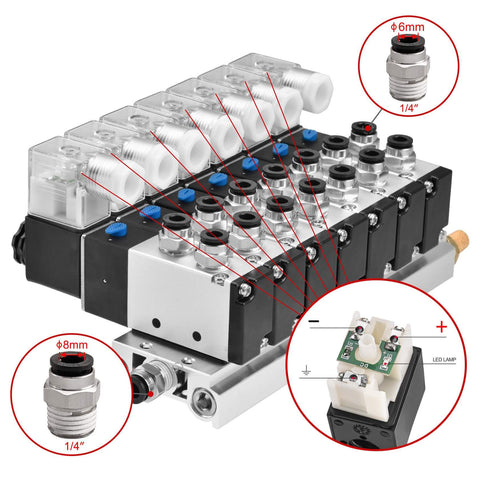 Industrial 6 Port 5/2 Way Pneumatic Solenoid Valve With 24V DC Coil, PT1/4 Inch Ports, 6mm Inlet Outlet, detailed fittings view
