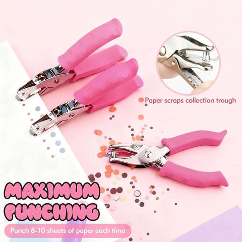Two Size Single Hole Punch Set with One Quarter Inch and One Eighth Inch, handy pink soft grip handheld paper punch shown on paper