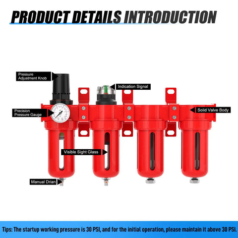 Front view of Beefed Up Three Eighths NPT Four Stage Aluminum Air Drying System showing filters, pressure gauge, and manual drain.