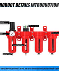 Pro Grade Four Stage Aluminum Air Drying System With Coalescing Filter Particulate Filter Double Desiccant Dryer And Air Regulator Manual Drain One Quarter Inch NPT Ports For Plasma Cutter And Paint Spray, front view showing four red filter stages with labeled components.