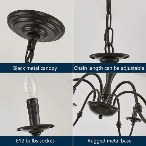 Six Light Black Farmhouse Chandelier With Rustic Industrial Iron Build Modern Metal Candle Style Ceiling Light details
