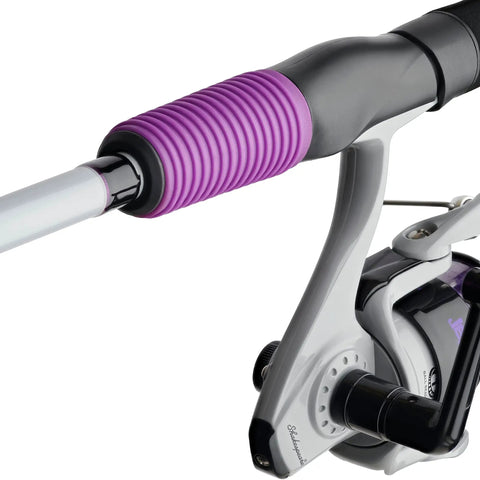 Close-up of Gel-Tech grip on Jellyfish Spinning Reel And Fishing Rod Combo In Purple 5 Foot 6 Inch Medium Two Piece Glass Rod.