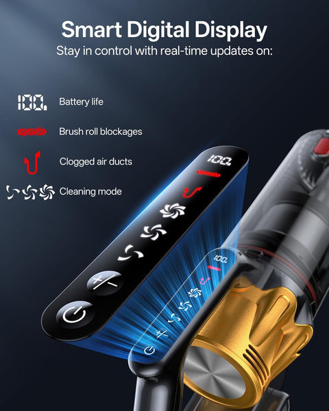 Smart digital display on Beast Mode Cordless Vacuum Cleaner With 650W Motor And 55KPa Suction 60 Minute Runtime 8 In 1 Stick Vacuum