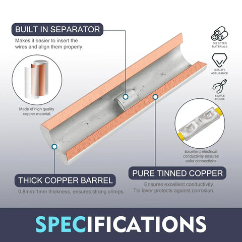 Specifications of Non Insulated Butt Connectors Kit 250Pcs Assorted 22-18AWG 16-14AWG 12-10AWG Copper Crimp Ferrule Terminals