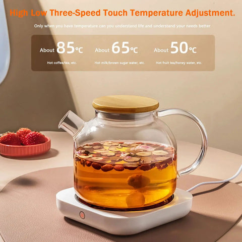 Smart Desk Electric Coffee Mug Warmer With Three Adjustable Heat Settings And Twelve Hour Auto Shut Off, glass kettle on warmer.