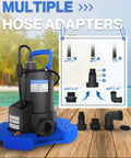 1 HP Submersible Pool Cover Pump With 5000 GPH Flow Rate Check Valve Three Adapters 29.5 Foot Cord Multiple Hose Adapters