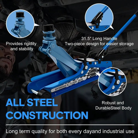 2.5 Ton Floor Jack Low Profile Heavy Duty Steel Racing Jack with Single Piston Lift Pump in use for vehicle maintenance