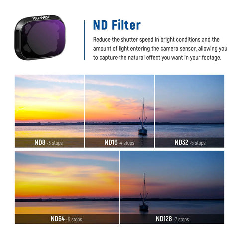 ND Filter Set For DJI Mini 3 And Mini 3 Pro 6 Pack With CPL ND8 ND16 ND32 ND64 ND128, showing filter effects on sunset view.