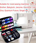 Open Grab And Go Portable Sewing Kit with case, 18 color thread spools, scissors, needles; sewing machine in background.