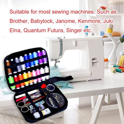 Open Grab And Go Portable Sewing Kit with case, 18 color thread spools, scissors, needles; sewing machine in background.