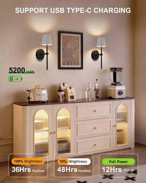 FRIDEKO HOME Black Battery Operated Wall Sconces Set of 2 Small, 12.2in. mounted above a sideboard in a modern kitchen.