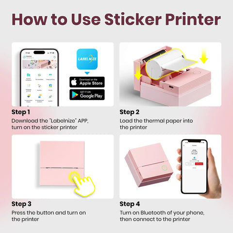 How to use PM290C Portable Mini Sticker Printer Inkless Bluetooth Maker with phone app, thermal paper, and Bluetooth connection.