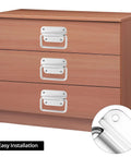 Dresser with three stainless steel chest pull handles installed, demonstrating easy mounting for toolboxes and storage boxes.