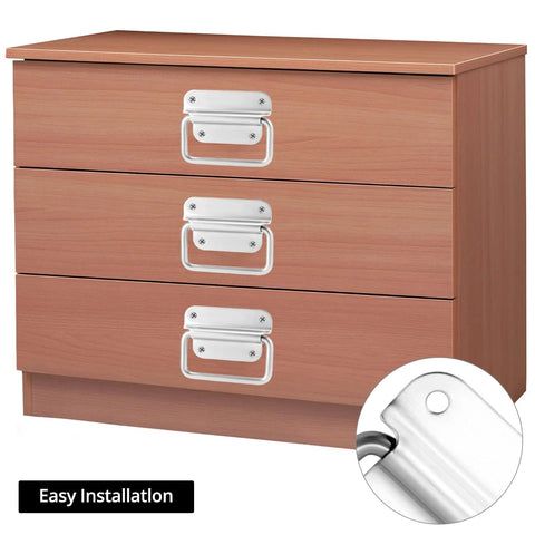 Dresser with three stainless steel chest pull handles installed, demonstrating easy mounting for toolboxes and storage boxes.
