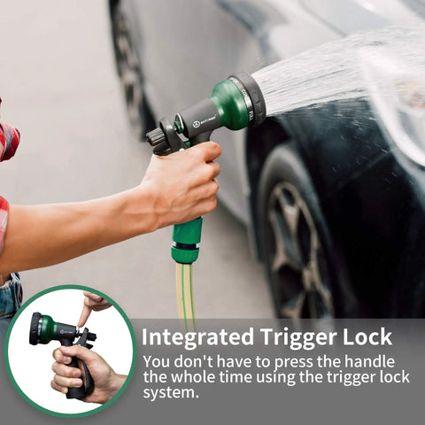 Durable ABS Garden Hose Nozzle With Seven Adjustable Sprays in use, showing integrated trigger lock feature.