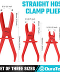 Three Piece Hose Pinch Clamp Pliers Set For Fuel, Brake, And Radiator Hoses shown in three sizes, red insulated PA6 nylon material.