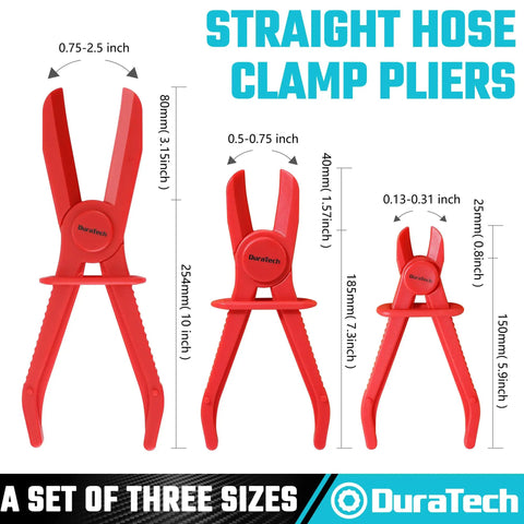 Three Piece Hose Pinch Clamp Pliers Set For Fuel, Brake, And Radiator Hoses shown in three sizes, red insulated PA6 nylon material.