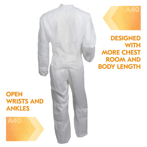 Back view of A40 Liquid And Particle Protective Coveralls With Zipper Front White 2XL Case Of 25 showing open wrists and ankles.