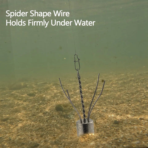 Five Pack Spider Sinkers For Surf Fishing Heavy Duty Lead Weights 1 To 8 Ounces sinking underwater showing stainless steel wires