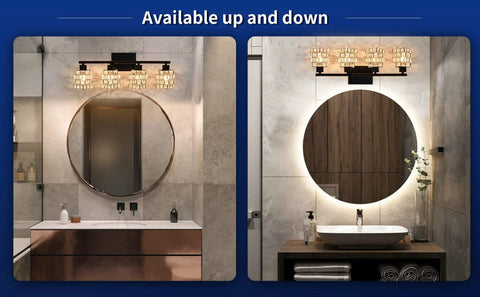 Four Light Vanity Fixture With Matte Black Finish And Crystal Lampshades Above Bathroom Mirrors