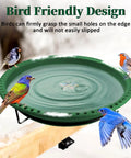Heavy Duty Heated Bird Bath For Deck Railing With Smart Thermostat Quick Winter Defrosting 100W Outdoor Fountain Design in green with birds.