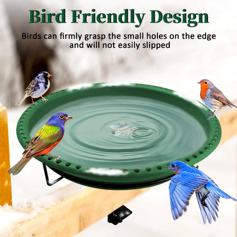 Heavy Duty Heated Bird Bath For Deck Railing With Smart Thermostat Quick Winter Defrosting 100W Outdoor Fountain Design in green with birds.