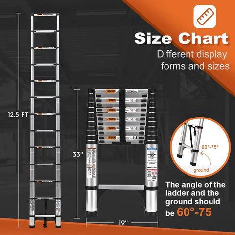 Telescoping Ladder 12.5 Ft Aluminum Lightweight Extension With Two Triangle Stabilizers Heavy Duty 250 Lbs Capacity diagram