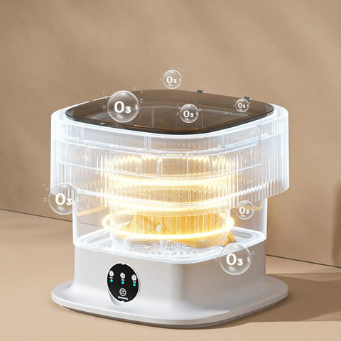 Ultra Compact Foldable Portable Washing Machine with Two In One Wash And Dry Combo Function showing clear design with O3 bubbles.