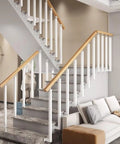 Matte White Square Metal Railing Post For Indoor And Outdoor Deck Stair Handrail Baluster Floor Mount With Adjustable Angle Bracket Knockout Finish No Sweat Setup 1 Piece installed on stylish modern staircase.