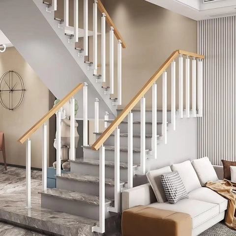 Matte White Square Metal Railing Post For Indoor And Outdoor Deck Stair Handrail Baluster Floor Mount With Adjustable Angle Bracket Knockout Finish No Sweat Setup 1 Piece installed on stylish modern staircase.
