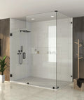 Sleek Matte Black Glass Shower Door Hardware Kit Frameless Swing Setup With Self Closing Action in modern bathroom setting.