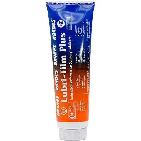 Front view of Haynes Lubri-Film Plus food-grade sanitary lubricant tube, 4 oz, orange and blue packaging