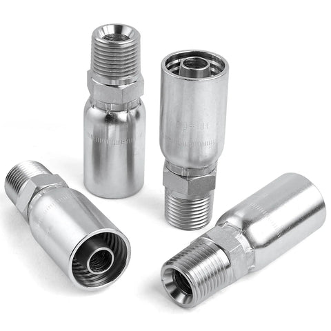 Four chrome-plated steel hydraulic hose end fittings, 1/2 in NPTF male threads, crimp style, shown from multiple angles.