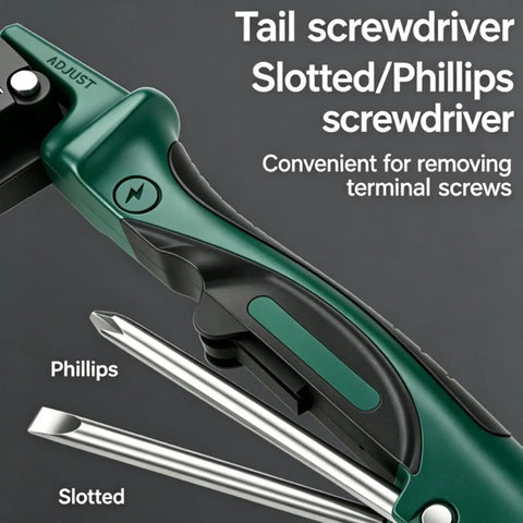Four In One Wire Stripping And Testing Pliers With Digital LCD Display For Cutting Stripping And Crimping Plus Voltage Tester Check This Pro Grade Multi Functional Electrician Tool For Home Wiring Automotive Repair And DIY Projects Green, tail screwdriver head