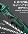 Rock Solid 4 In 1 Wire Stripper Pliers With Smart Digital Display Voltage Tester pro level tool showing tail screwdriver features.