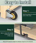 Install instructions for Chicken Coop Wheels Kit 2 Pack 4 Inch Caster Wheels with Lifting Handle on wooden coop.