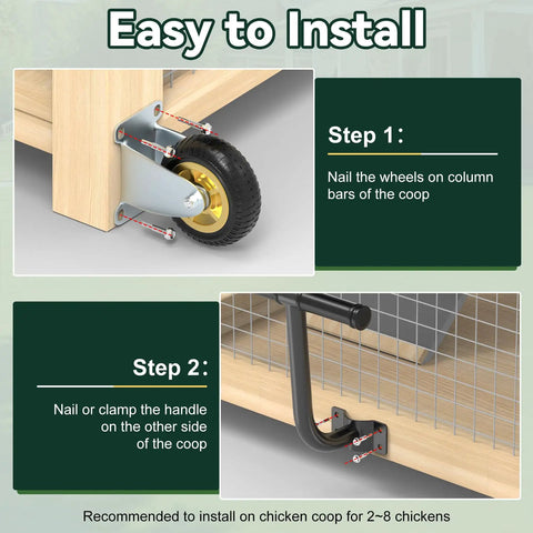 Install instructions for Chicken Coop Wheels Kit 2 Pack 4 Inch Caster Wheels with Lifting Handle on wooden coop.