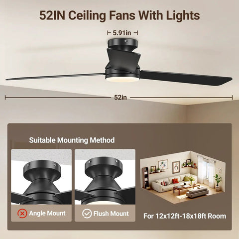52 Inch Ceiling Fan With Remote Control And Light No Fuss Dimmable Three Color Temperatures Six Speed Settings Timer Reversible Blades