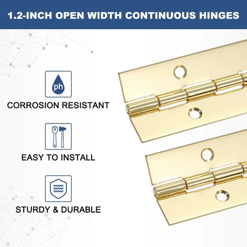 Top Shelf 10 Inch Gold Piano Hinge Pack Heavy Duty 304 Stainless Steel Continuous Hinges With Pre Drilled Holes For Wood Cabinets Gates Boat Hardware Built Like A Tank With Killer Durability And Zero Fuss, featuring 1.2-inch width.