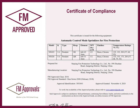 Certificate of Compliance for Top Shelf Pendent Fire Sprinkler Heads Chrome Finish Pack Of 6 with details on specifications.