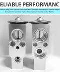 Two aluminum car air conditioning expansion valves displayed upright for cooling system, universal fit for most cars, trucks, SUVs.