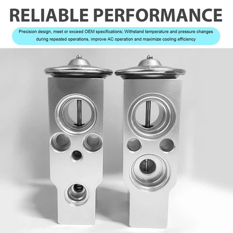 Two aluminum car air conditioning expansion valves displayed upright for cooling system, universal fit for most cars, trucks, SUVs.